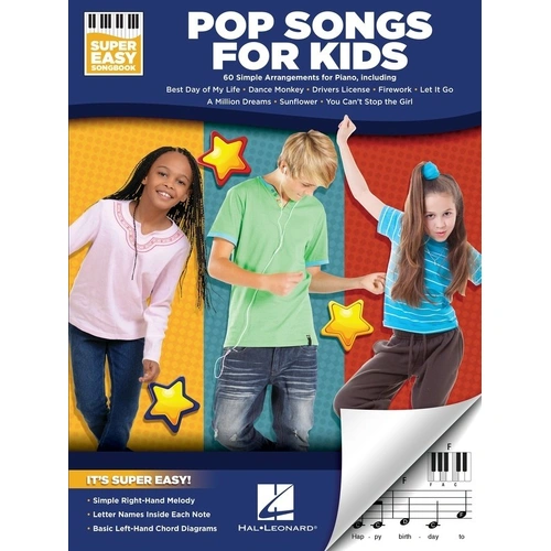 Pop Songs for Kids Super Easy Songbook by Hal Leonard, 128 pages, E-Z Play format, includes 60 popular songs for piano and keyboard.