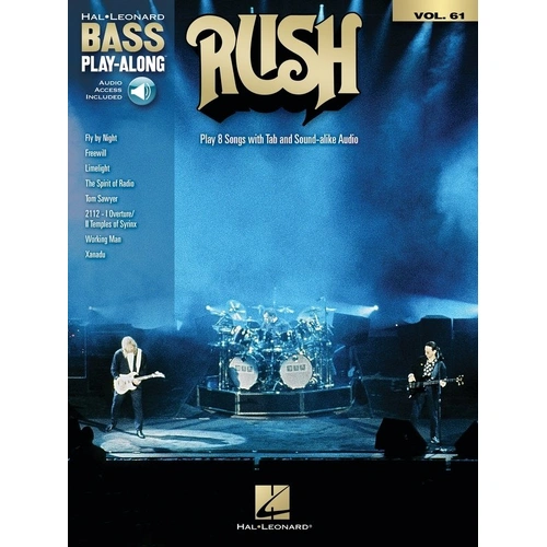 Rush Bass Playalong V61 BK/OLA by Hal Leonard - Play along with 8 classic Rush tracks, includes audio access and authentic transcriptions.