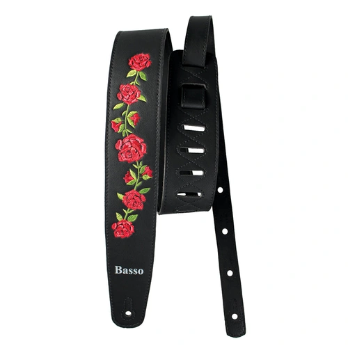 Basso Synthetic Black Floral Embroidered Guitar Strap VTFL01
