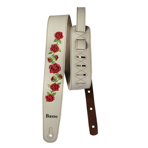 Basso Synthetic Beige Floral Embroidered Guitar Strap VTFL03