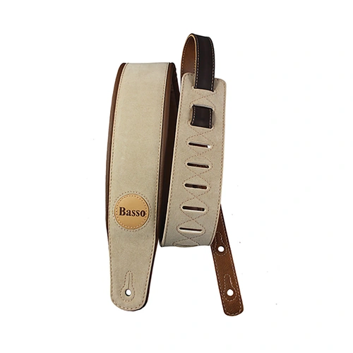 Basso Guitar Strap - Synthetic Suede Beige CLA01, 1.00-1.45m Adjustable Length, 7.5cm Width, Foam Padding, Sweat Resistant, Reinforced Tips