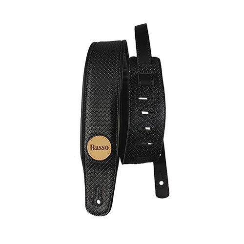 Basso Guitar Strap – Synthetic Braided Black CLA15, 7.5cm wide, adjustable length 1.00-1.45m, sweat-resistant, reinforced tips