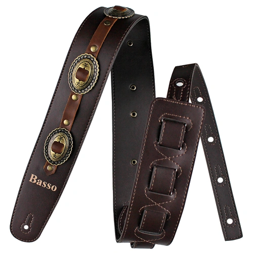 Basso Vegan Guitar Strap - Brown VT CT 02 - Adjustable 92-145 cm, 6 cm Width, 5 Decorative Metal Conchos, 100% Recyclable