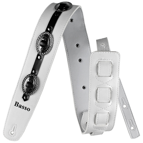 Basso Guitar Strap - Wanted! Country Vegan - White VT CT 04, Adjustable Length 92-145 cm, 100% Vegan Material, Graphite-Coated Conchos