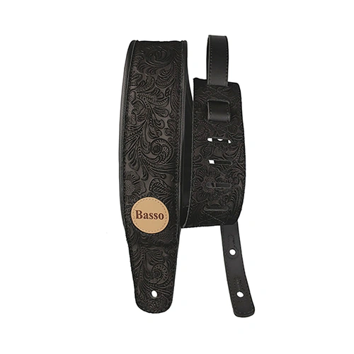 Basso Floral Embossed Black Leather Guitar Strap VTSL52, 7.5cm Width, Adjustable Length 1.00-1.45m, Sweat-Resistant, Foam Padding