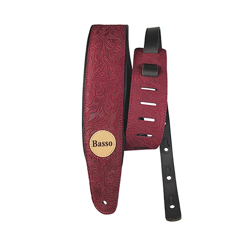 Basso Floral Embossed Wine Leather Guitar Strap VTSL53, 1.00-1.45m Length, 7.5cm Width, High Quality with Sweat-Resistant Lining