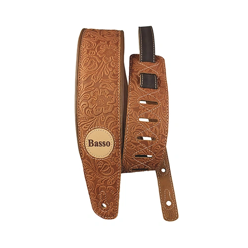 Basso Floral Leather Guitar Strap - Whiskey, VTSL83, 1.00-1.45m Adjustable Length, 7.5cm Width, Sweat-Resistant Lining, Internal Foam Support