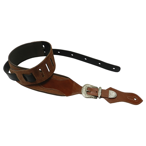 Basso Country Guitar Strap with Buckle, Brown Leather, Adjustable 100-155cm, Suede Top, Foam Lined, 7cm Wide, Durable Reinforced Ends