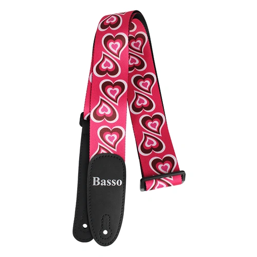 Basso Guitar Strap - Polyester Pink Hearts, Adjustable 100-155cm, 5cm Wide, Reinforced Ends
