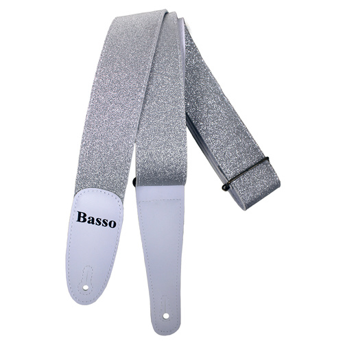 Basso Guitar Strap - Glitter Stage Series Silver Glitter EX46, Adjustable 90-145cm, 5cm Wide, Recyclable Synthetic