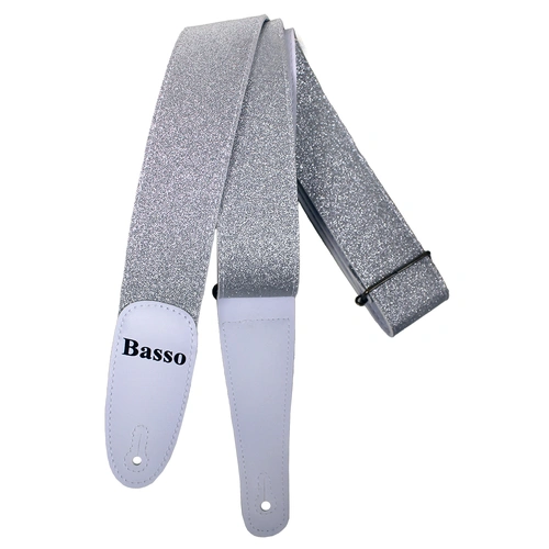 Basso Glitter Stage Series Silver Guitar Strap EX46 - Adjustable 90-145cm, 5cm Wide, Recyclable Synthetic