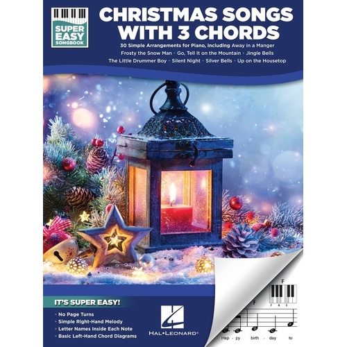 Christmas Songs with 3 Chords Super Easy Songbook by Hal Leonard, 48 pages, E-Z Play format, for beginner piano and keyboard players.