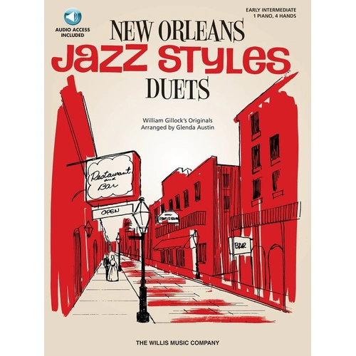 New Orleans Jazz Styles Duets Book/CD by William Gillock and Glenda Austin, 1 Piano/4 Hand, 24 pages, includes play-along CD.