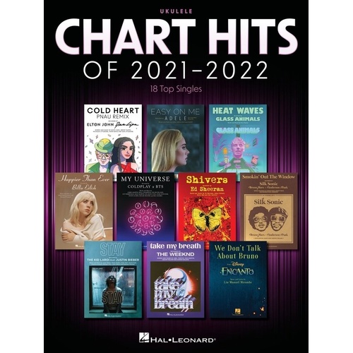 Chart Hits of 2021-2022 for Ukulele Songbook by Hal Leonard, 128 Pages, Melody, Lyrics, Chord Diagrams, Standard Tuning G-C-E-A