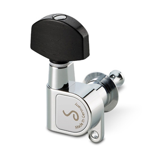 Schaller 3/3-M6-180 Chrome Machine Heads with Ebony Buttons, Gear Ratio 1:12, Precision-Crafted, Maintenance-Free