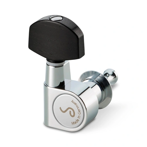 Schaller 3/3 M6-PIN Chrome Machine Heads with Ebony Buttons, 1:18 Gear Ratio