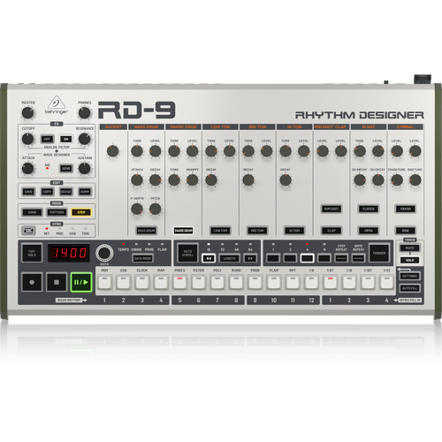 Behringer RD9 Analog Drum Machine with 10 Drum Sounds, 64-Step Sequencer, Wave Designer, Dual-Mode Filter