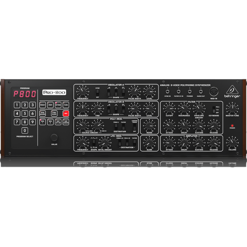 Behringer Pro800 Analog 8-Voice Polyphonic Synthesizer with 2 VCOs, VCF, Arpeggiator, Sequencer, 200 Program Memories, Eurorack Format