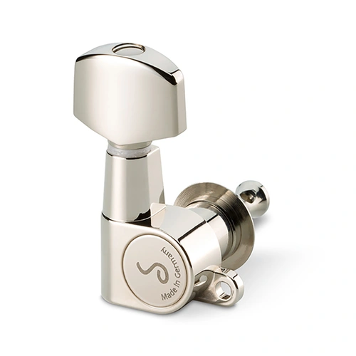 Schaller M6 Mini Machine Heads 6-in-Line Nickel, 1:18 Gear Ratio, 9.8mm Bore, Lightweight for Small Headstocks or 12-String Guitars