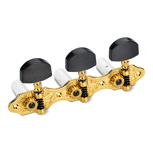 Schaller Classical Hauser Gold HG1 Machine Heads with Ebony Buttons and White Rollers, 1:16 Gear Ratio, Precision-Crafted Tuning Mechanism