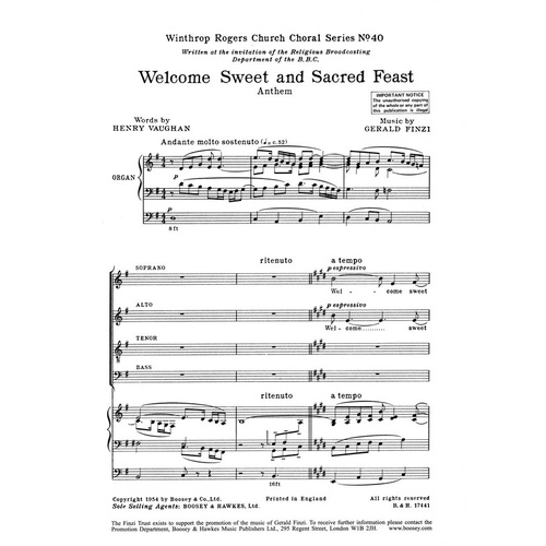 Welcome Sweet And Sacred Feast SATB/Organ (Octavo)