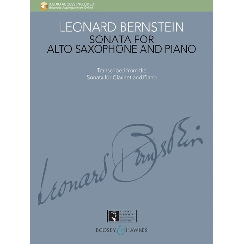 Sonata for Alto Saxophone and Piano by Bernstein, published by Boosey & Hawkes, 28 pages, includes online piano accompaniments