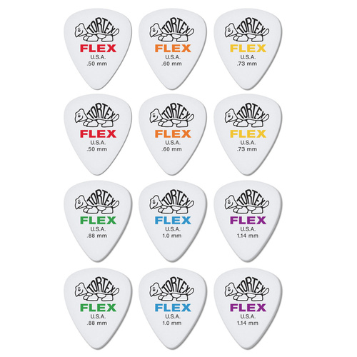 12 x Jim Dunlop Tortex Flex Standard Picks Mixed Sampler Pack Two of Each Gauge