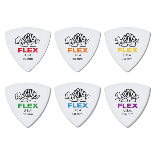 6 x Jim Dunlop Tortex Flex Triangle Picks - Mixed Sampler Pack One of Each Gauge