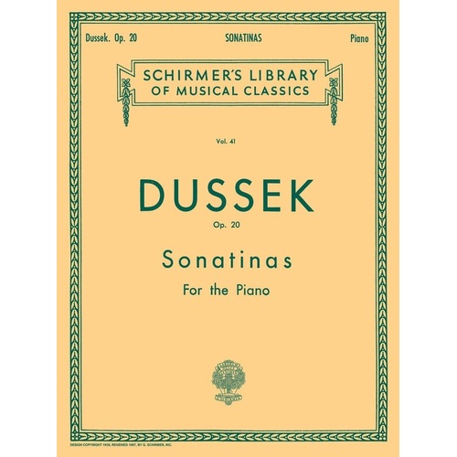 DUSSEK - 6 Sonatinas Op. 20 for Piano Solo, 40 Pages, Publisher: G. Schirmer, Inc.