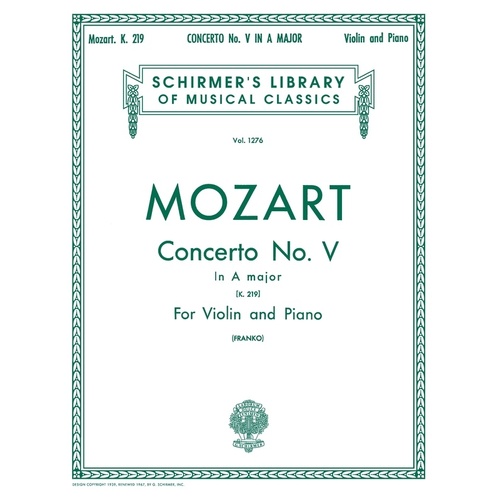 Mozart - Concerto No 5 A Major K 219 Violin/Piano (Softcover Book)