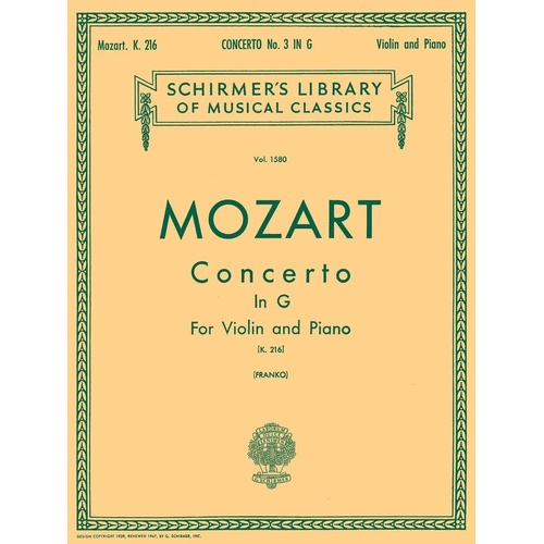 Mozart Concerto No. 3 in G Major K 216 for Violin and Piano Reduction, 40 Pages, G. Schirmer Publisher