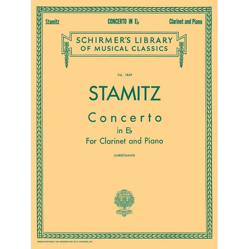 Stamitz Concerto in Eb Major for Clarinet and Piano, 40 Pages, G. Schirmer Edition
