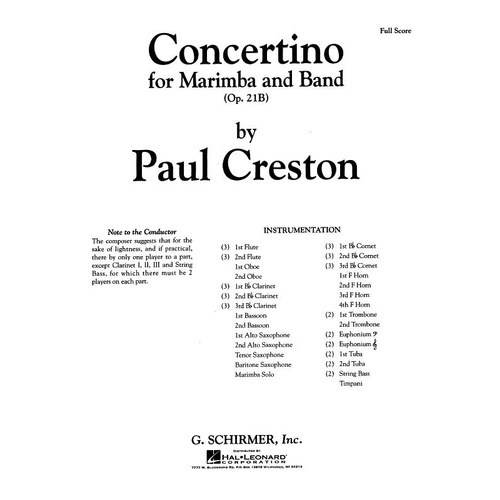 Schirmer - Creston - Concertino Op 21B Marimba/Band Score