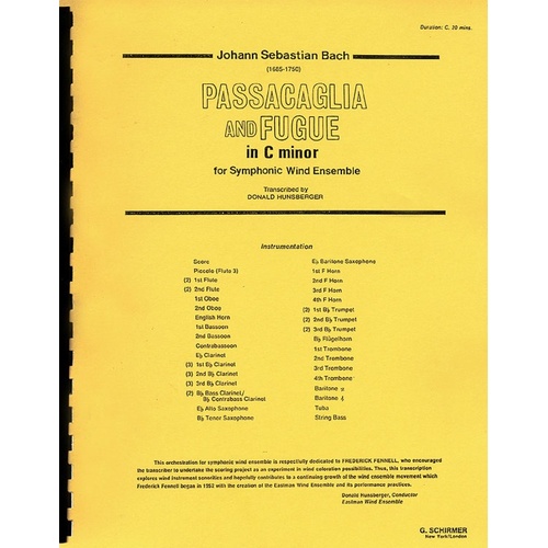 Schirmer - Bach - Passacaglia & Fugue C Minor Concert Band 4-5 Score/Parts