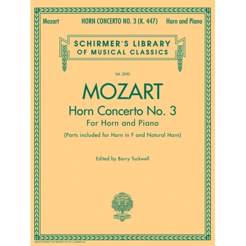 Mozart Concerto N.3 Horn/Piano Ed.Tuckwel Book