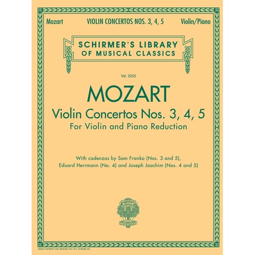 Mozart - Violin Concertos Nos 3/4/5 Violin/Piano (Softcover Book)