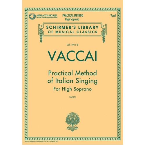 Schirmer - Vaccai - Method Of Italian Singing High Soprano Book/Online Audio