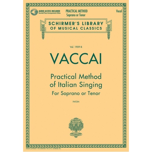Schirmer - Vaccai - Method Of Italian Singing Soprano/Tenor Book/Online Audio