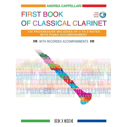 First Book of Classical Clarinet by Ricordi, 40 pages, features 100 melodies, beginner-friendly, includes online audio access and accompaniment.