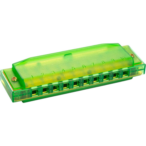 Hohner Translucent Green Diatonic Harmonica - 10 Holes, Brass Reeds, 3 Octaves