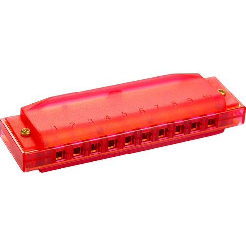Hohner Clearly Colourful Translucent Red Harmonica, Diatonic, 10 Holes, 3 Octaves, ABS Comb and Mouthpiece, Brass Reeds