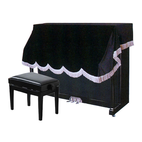 Half Cover for Upright Piano - Black Synthetic Velour, 196 x 140cm, Decorative Dust Cover with Tasseled Edge