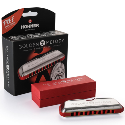 Hohner Golden Melody Harmonica in Key of G - Progressive Series, Diatonic, Stainless Steel Covers, 10 Holes, Equal Temperament, Made in Germany