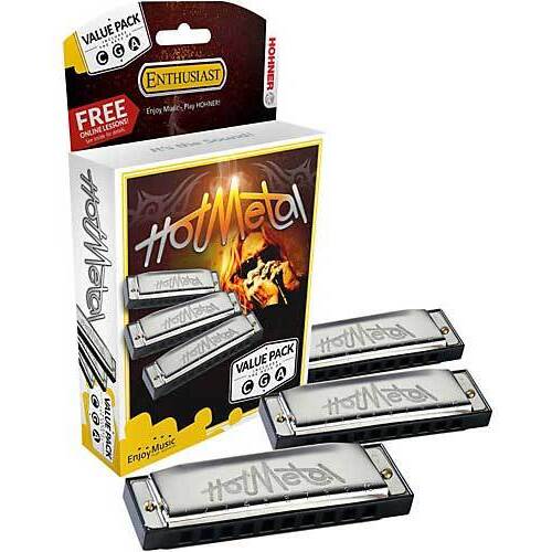 Hohner Hot Metal Harmonica Value Pack - 3-Piece Set in Keys C, G, A, with Durable Plastic Comb and Stainless Steel Cover Plates