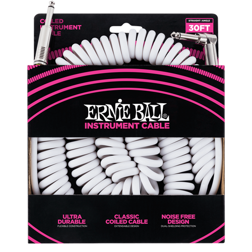 Ernie Ball 6045 Ultraflex 30ft 10m White Coiled Instrument Cable Straight/Angle