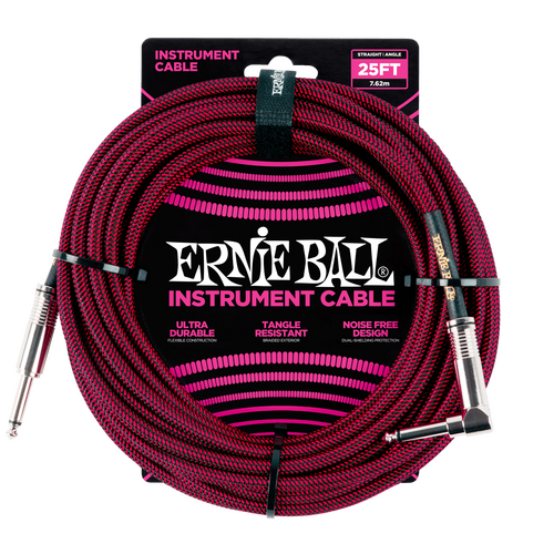 Ernie Ball 7.5 Meter Braided Straight / Angle Instrument Cable, Black / Red