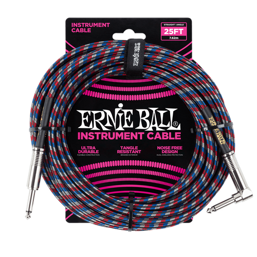 Ernie Ball 7.5 Meter Braided Straight / Angle Instrument Cable, Black / Red / Blue / White
