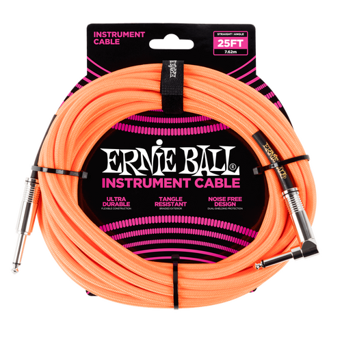 Ernie Ball 7.5 Meter Braided Straight / Angle Instrument Cable, Neon Orange