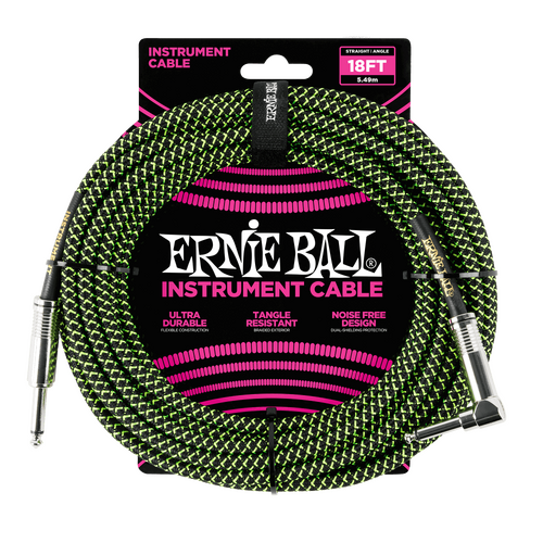 Ernie Ball 5.5 Meters Feet Braided Straight / Angle Inst Cable, Black/Green