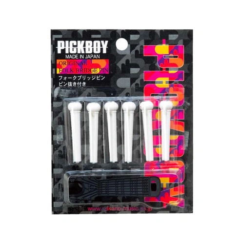 Pickboy Guitar Bridge Pin Set with Pin Pry Tool - White with Black Dot, Pack of 6